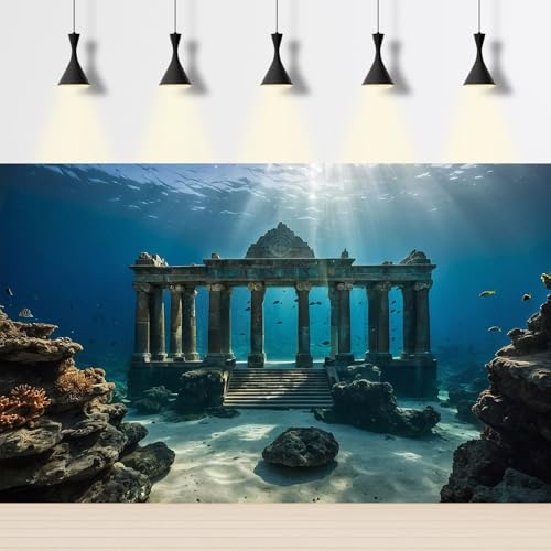 Under The Sea Scene Aquarium Background Tranquil Underwater Ancient Temple Fish Tank Background Deep Blue Sea Sunray Terrarium Backgrounds Blue Ocean Sunken Temple Reptile Tank Backgrounds 24x12in - color: Blue_Dark Brown, size: 24(W)x12(H)in