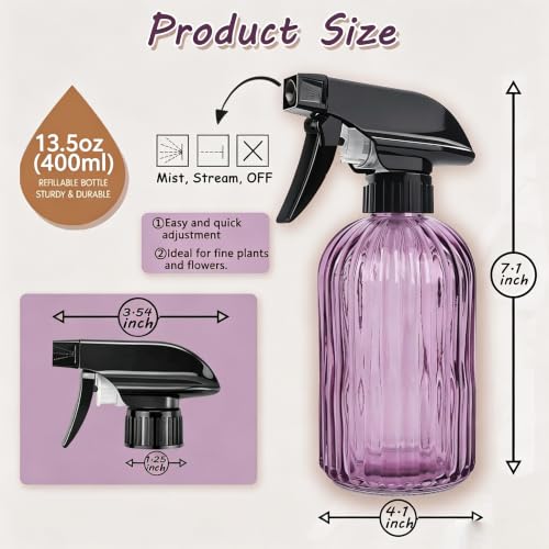 Glass Handheld Spray Bottle, 13.5oz, Purple, Adjustable Nozzle | Pressure Watering Can, Plant Mister Fine Mist for Indoor Flowers, Outdoor Gardening, Cleaning, Pets Care, Hair - color: Purple