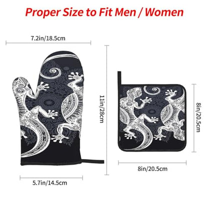 Gecko Lizard Abstract Reptile Animal Herpetology1 4-Piece Oven Mitts and Handle Covers Set - Heat Resistant Baking Gloves for Kitchen BBQ Grilling