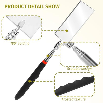 Telescoping Inspection Mirror Rectangle Telescopic Mechanic Mirror Extendable Machine Tool Long Inspection Mirrors for Checking Vehicle Condition (30.71 Inch Mirror Stick)
