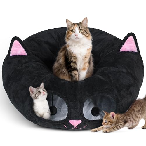 Baseola Fuzzy Cat Tunnel Bed for Indoor Cats, 2-in-1 Interactive Cat Toys | Peekaboo Cat Cave with Washable Mat, Collapsible Cat Play Tunnel for Kittens & Small Pets, Cat Donut Bed Tunnel, Black Pink - color: Black Pink