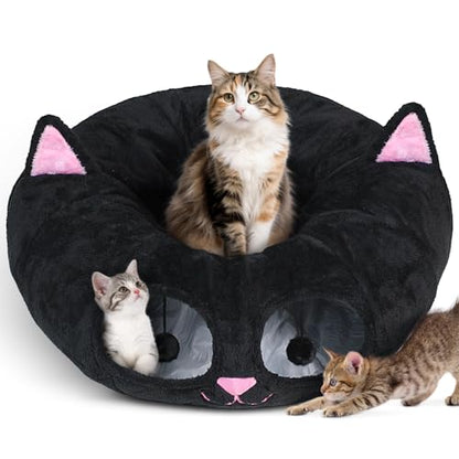 Baseola Fuzzy Cat Tunnel Bed for Indoor Cats, 2-in-1 Interactive Cat Toys | Peekaboo Cat Cave with Washable Mat, Collapsible Cat Play Tunnel for Kittens & Small Pets, Cat Donut Bed Tunnel, Black Pink - color: Black Pink