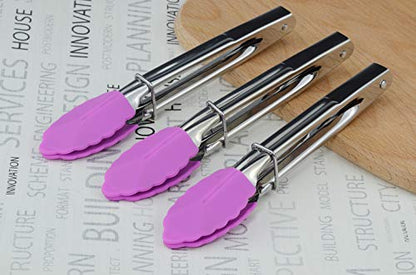 HINMAY 7-Inch Stainless Steel Tongs with Silicone Tips, Set of 3 (Purple) | 7-Inch Locking Metal Food Tongs - color: Purple