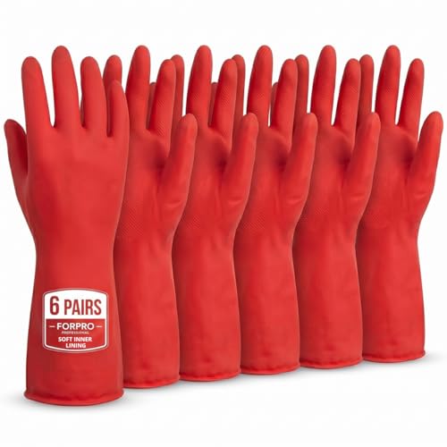 ForPro Natural Rubber Gloves, 6 Pairs Reusable Multi-Purpose Household Cleaning Gloves with Soft Inner Lining, Waterproof & Chemical-Resistant, Wild Cherry, X-Large - color: Wild Cherry, size: X-Large