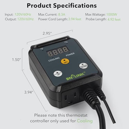 BN-LINK Digital Cooling Thermostat Temperature Controller Plug Outlet | Thermal Switch For Attic Fan, Exhaust Ventilation Fan, Cooling Devices, Greenhouse, Garage, Brewing,40-108°F 8.3A 1000W, ETL