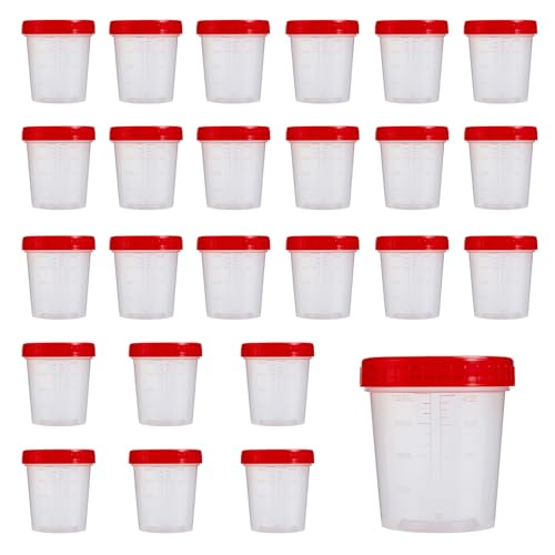 25Pcs Leak Proof Specimen Cups with Lids, 4oz Disposable Urine Cups | Specimen Container with Screw on Lid,Sample Collection Kit for Safe Urine Pee Sample Analysis Testing - style: Red-25PCS