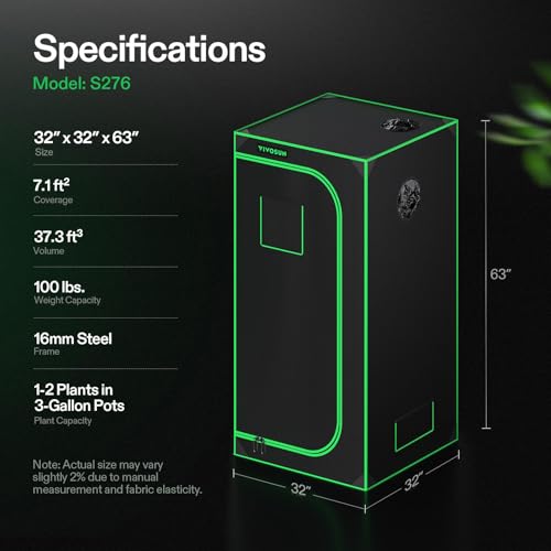 VIVOSUN S276 2.7x2.7 Grow Tent 32"x32"x63" Highest Reflective Mylar Tent | Easy View Observation Window & Removable Floor Tray, 100% Reflective Mylar Interior, Steel Frame for Growth Setup - size: 32"x32"x63"