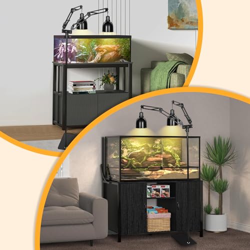 Reptile Heat Lamp Stand, Dual Reptile Light Stand with Two Flexible Bracket | Adjustable Heat Lamp Stand (15.7-74.3inch） with 360° Swing Arm and Anti tip Clip for Bearded Dragon Turtles Snake