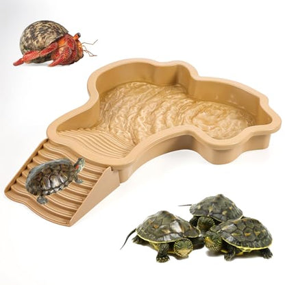 Large Reptile Water Bowl with Ramp, Thickened Non-Slip Feeding Dish & Bathing Pool for Turtle, Snake, Gecko, Bearded Dragons, Lizard Habitat Accessories