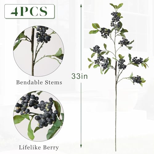 4Pcs 33"Artificial Blueberry Fruit Stems Berry Branch for Vase Decor(Blue) | Lifelike Blueberries Fruit Branch, Realistic Fake Flower Picks, for DIY Bouquet/Kitchen/Table Centerpiece/Shower/Home Decor