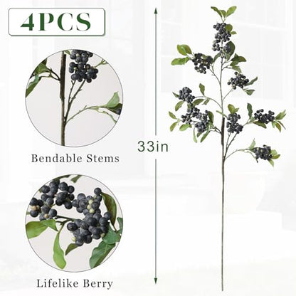 4Pcs 33"Artificial Blueberry Fruit Stems Berry Branch for Vase Decor(Blue) | Lifelike Blueberries Fruit Branch, Realistic Fake Flower Picks, for DIY Bouquet/Kitchen/Table Centerpiece/Shower/Home Decor