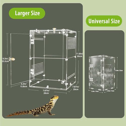 Large Jumping Spider Enclosure, 2 in 1 Ventilated Reptile Terrarium for Praying Mantis,Arboreal Tarantula,Crested Gecko, 12"*8"*8" Acrylic Habitat with Removable Divider,Front Opening & Top Lid - size: Large-12''x8''x8''