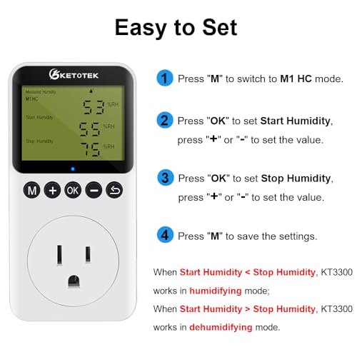KETOTEK Digital Humidity Controller Outlet Plug with Sensor Probe, 120V Humidistat Controller Plug for Reptile Mushroom Greenhouse, Humidity Switch Outlet