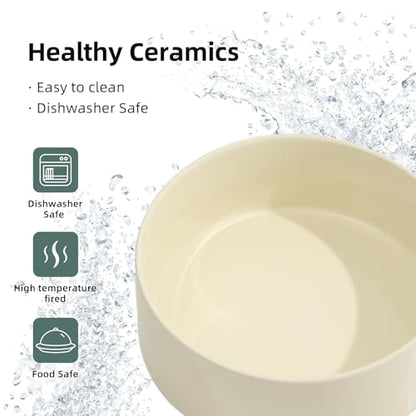 Havniva Raised Cat Bowl, 6.1” Elevated Ceramic Cat Food and Water Bowl Set | Cat Bowls Elevated, Whisker Friendly Cat Bowl, Non-Slip Wood Stand, Food-Grade Ceramic, Wide Opening, Dishwasher Safe - color: Light Yellow, size: 2 Bowls+Tray - 6.1"