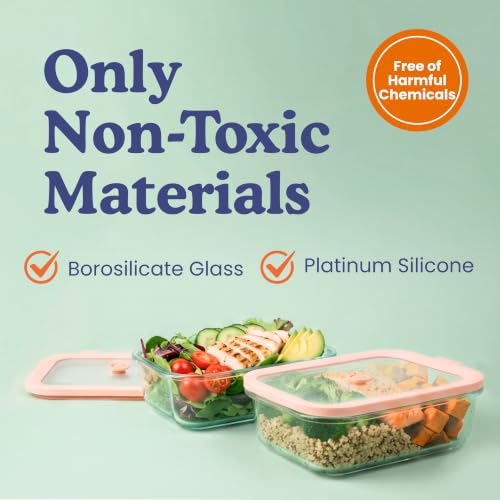 Non-Toxic Glass Food Containers with Lids, 4-Pack, Multi-Size, Beige | Plastic & BPA free. Glass body, glass lid & platinum silicone seal. Airtight & leakproof. Freezer & microwave safe. - color: Beige, size: Multi Size