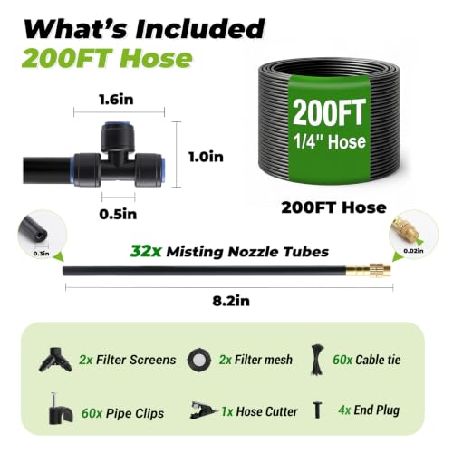 200 Ft 1/4 Inch Drip Irrigation System with 32 Copper Nozzles | Complete watering kit includes 32 adjustable copper sprayers, tubing, fittings, stakes, filters and quick-connect parts.