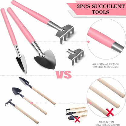 13 Pcs Succulent Care Tools, Mini Garden Transplanting Tool Set | Ideal for Succulent Planting, Miniature Gardening and Indoor Bonsai Care, Pink - style: Pink