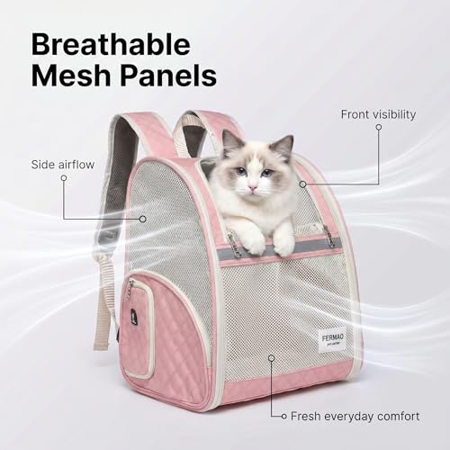 Cat Backpack Carrier for Small Dogs and Medium cat Puppy Kitten Bunny Pet Carrier Backpack Collapsible with Fully Ventilated Mesh with Safety Leash (Pink, 12.9" L x 10.62" W x 15.5" H - M) - color: Pink, size: Medium