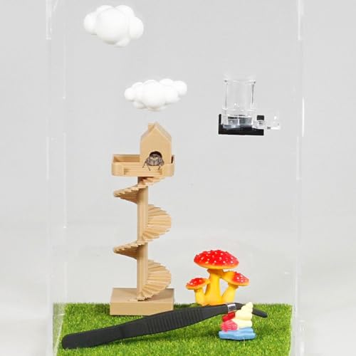 3Pcs Jumping Spider Enclosure Accessories Mini Spider House with Spiral Stair Feeding Dish Water Dispenser and Feeding Tongs Jumping Spider Hide Decor for Spider Enclosure Terrarium Habitat Kit