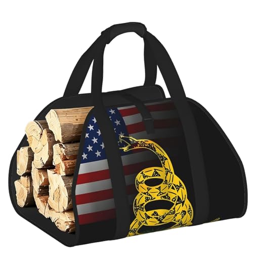 American Flag Yellow Cartoon Snake Portable Firewood Transport Bag, Open Sides Log Carrier Tote For Home Camping