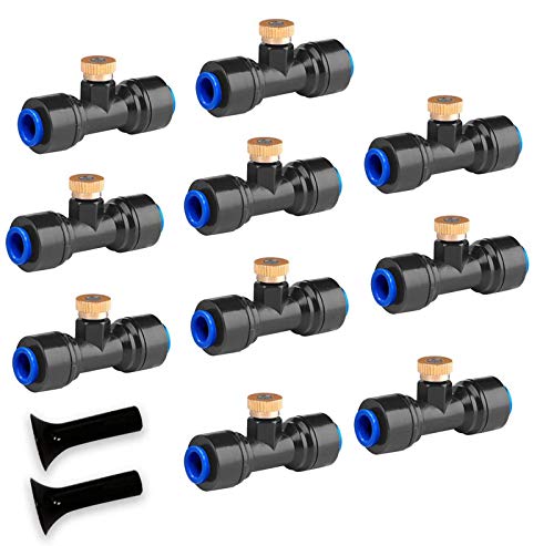 10 Pack Brass Misting Nozzles for Outdoor Cooling System | Mister Replacement Nozzles Tee and Plugs for 1/4" Tubing, Misting System Accessories for Patio, Garden, Greenhouse - color: Black