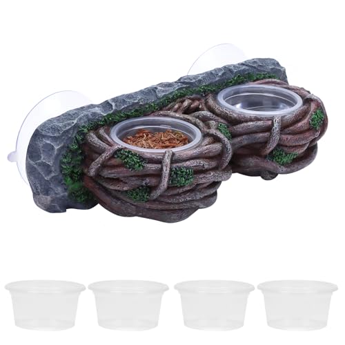 AIICIOO Crested Gecko Feeding Ledge Double Bowl Reptile Vine Food Ledge with 4 PCS Cup Corner Water Bowl for Lizard Snake Bearded Dragon Frog Turtle Terrarium Tank Decor - size: Vine Dual Feeder