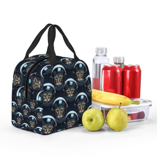 Women Cat Astronaut Print Insulated Lunch Bag Cooler | Cat Astronaut, Lightweight Nylon Thermal Tote, Leakproof Design for Office & Beach - color: Pattern (865)