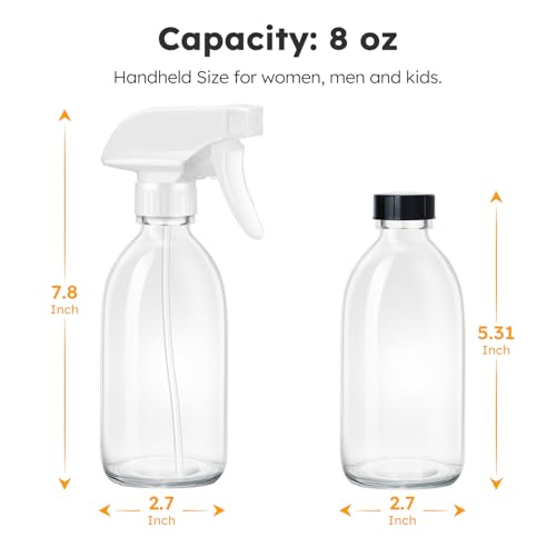 Tecohouse Glass Spray Bottles 8oz, 2 Pack Clear Glass Spray Bottles | Small Empty Glass Spray Bottles for cleaning, Plants, Pets, Hair, Durable Spray Nozzle, Fine Mist, Labels, Funnel, Pipettes - color: Clear White Lids