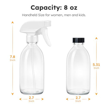 Tecohouse Glass Spray Bottles 8oz, 2 Pack Clear Glass Spray Bottles | Small Empty Glass Spray Bottles for cleaning, Plants, Pets, Hair, Durable Spray Nozzle, Fine Mist, Labels, Funnel, Pipettes - color: Clear White Lids