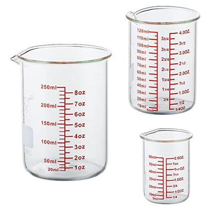 Ackers Mini Glass Measuring Beaker Set, Borosilicate, 2oz 4oz 8oz Measuring Cups - size: 60ml/120ml/250ml (2oz/4oz/8oz)