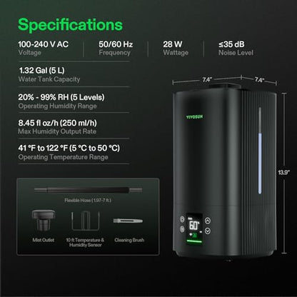 VIVOSUN AeroStream H05 Intelligent Wi-Fi Humidifier, 1.32 Gal / 5 L Humidifier with Temp & Humidity Probe, Smart Remote Control, Designed for Growers (Pack of 2) - size: 5 L (Pack of 2)