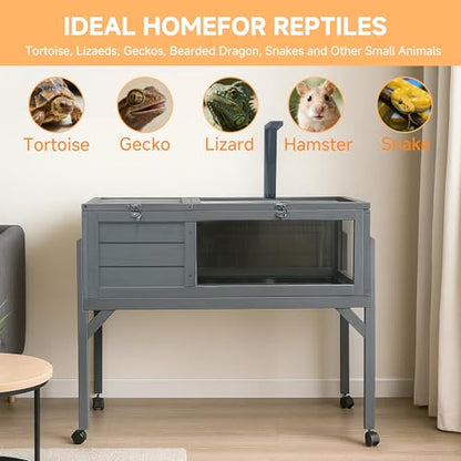 Large Tortoise Habitat with Legs Wheels Fixed Tray Openable Roof Indoor Outdoor Large Tortoise Cage House Reptile Terrarium with Storage Shelf Enclosure Lamp Holder (Gray, Medium Size)