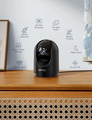 GNCC 2K Indoor Security Camera with Motion Detection, 2.4G WiFi, 1Pack | Motion Detection, Baby/Pet Camera with Phone App, Night Vision, 2-Way Audio, TF/Cloud Storage, Works with Alexa & Google Home - color: 2k-1pack-black