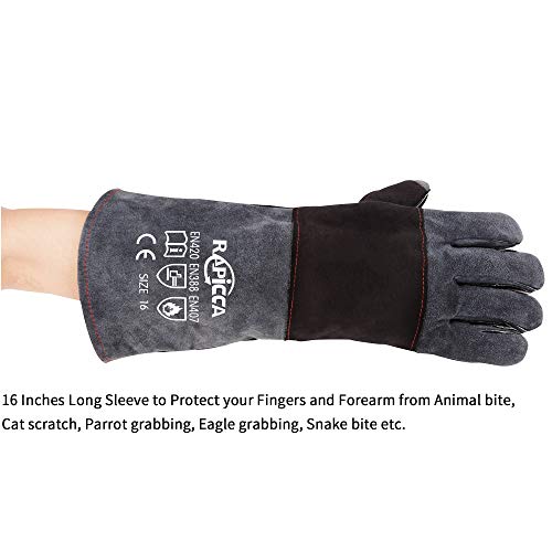 RAPICCA Animal Handling Gloves, Bite Proof Double Leather, 16 in Grey-Black | For Dog, Cat, Bird, Falconry, Snake & Reptile Handling; Vets, Groomers & Animal Control Teams - style: 16 Inches