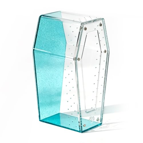 Installation Free Glitter Acrylic Coffin Jumping Spider Enclosure - Gothic Terrarium Habitat with Magnetic Lid, Micro Reptile Breeding Box for Slings, Mantis, Isopods and Small Insects (Glitter Blue) - color: Glitter Blue