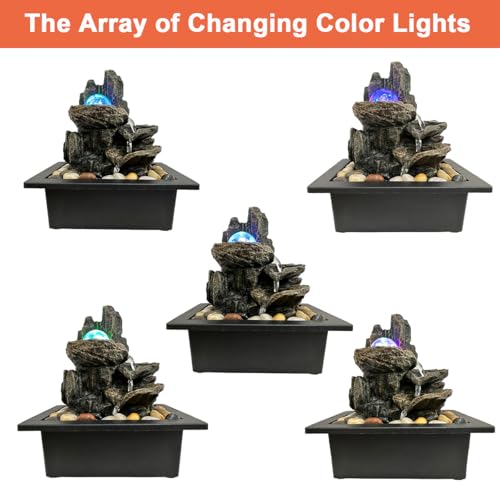 Indoor Tabletop Water Fountain Rotating Ball Rock Waterfall Fountain with Colorful Lights and Natural River Rocks, Zen Meditation for Home Office Decor (A) - color: A