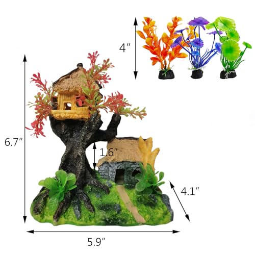 Hamiledyi 4PCS Aquarium Decoration, Fish Tank Artificial Resin Castle Ornaments, Betta Tank Landscape Decorations with Plastic Plants for Shrimp Fish Climbing Hiding - style: Country Rustic
