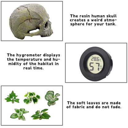 Tfwadmx 11Pcs Human Skull Decor with Plants, Snake Hide, Gecko Tank Accessories, Resin Skull with Climbing Vines Reptile Terrarium Tank Decor for Tarantulas, Lizards