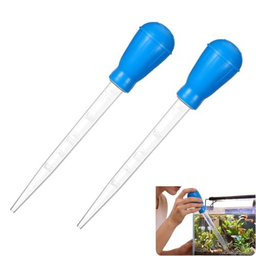 Aquarium Cleaning Pipette Manual Gravel Cleaner Tool 2 Pack | Clear acrylic tube with soft silicone bulb; pointed tip for waste suction; for small tank cleaning partial water change