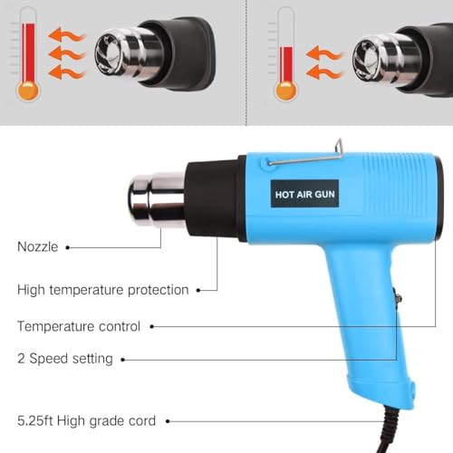 LDK Heat Gun 1200W 140℉~932℉ (60℃-500℃) Heavy Duty Hot Air Gun Kit Variable Temperature Control with 2 Temperature Settings 2 Nozzles for Crafts, Shrink Wrapping, Candle Making, Epoxy Resin - color: Blue
