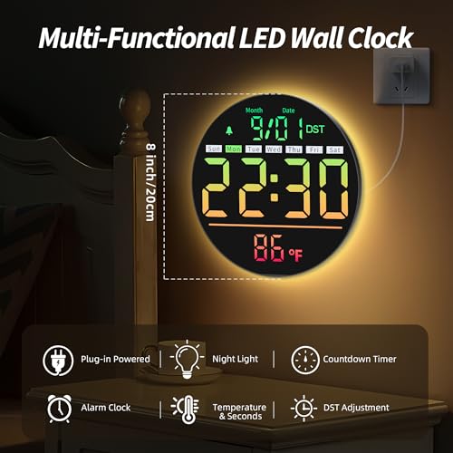 Maxstar Led Digital Wall Clock RGB, Battery Operated, Living Room Decor | 5-Level Brightness Digital Clock: Timer, Sec, Temp, Date, Auto DST, Nightlight, Alarm, Ideal for Class, Bed, Garage, Gym - color: Multicolor