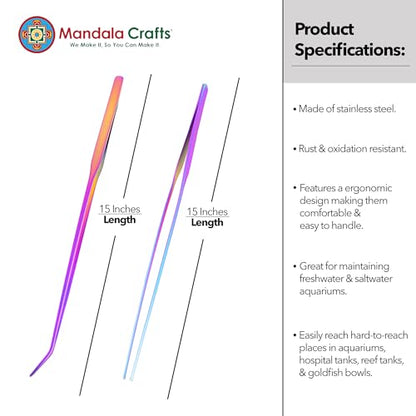 Mandala Crafts Rainbow 15 Inch Straight Curved Fish Tanks Aquarium Tweezers | 15 Inch Forceps, Rust Resistant Stainless Steel, Trimming Aquatic Plants, Bowls, Terrariums, Freshwater & Saltwater Aquascape - color: Rainbow Curved Straight Tweezers, size: 15