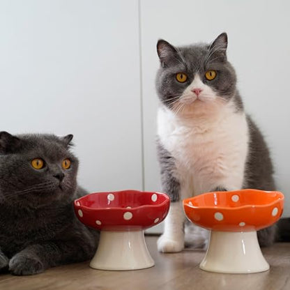Red Mushroom Cat Bowl, Elevated Ceramic Bowl for Cats | Cute Mushroom, Elevated, Ceramic, Whisker Friendly, Wide Opening, Stable, Easy Clean - color: Red