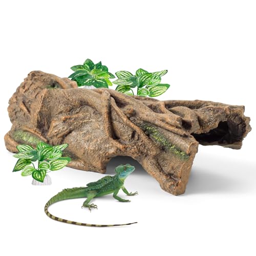 Lizard Snake or Reptile Hide, Large Reptile Hideout Hollow Tree Trunk Ornament Bearded Dragon or Gecko Tank Accessories Terrarium Decor with Peek-Through Hole