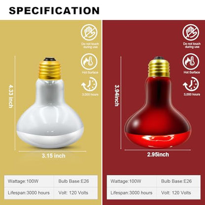 MIXJOY 100W Reptile Heat Lamp Bulb Combo, 2PCS Day & Night Reptile Heat Bulbs, UVA Daylight Intense Heat Basking Bulb Infrared Heat Light Bulb for Reptiles, Lizard, Tortoise, Bearded Dragon Chickens - style: 100W Day&Night Bulbs