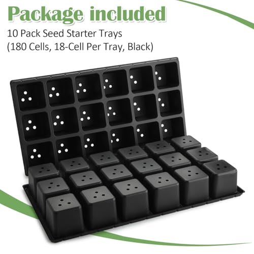 RooTrimmer 10 Pack 18 Cell Seed Starter Trays - 2.9 "Deep 3 Inch Big Cell Plastic Nursery Trays, 20" x 10", for 1020 Flat Trays Seed Germination, Planting Seedlings & Propagation - color: Black, size: 18 Cells-10P