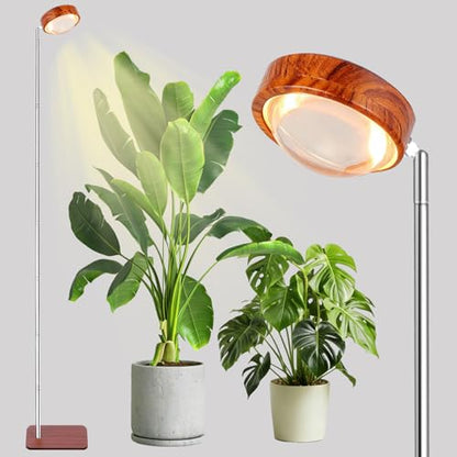 Grow Light for Indoor Plants, Full Spectrum Floor Plant Lamp with Convex Lens, Timer 6/12/18H, Faux Walnut Wood Grain, 12-57 inches Height Adjustable Desktop and Standing Growing Light