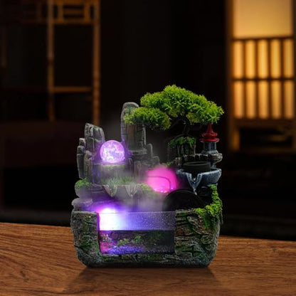 Indoor Rockery Fountain Goldfish Tabetop Waterfall with Atomizer & LED Light,Feng Shui Desktop Water Fountain Decoration,Perfect for Office, Home, Bedroom Desk