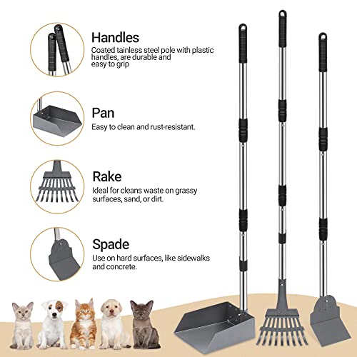 Dog Pooper Scooper, Dog Poop Tray and Rake Set with Long Stainless Handles | Pet Waste Removal Scoop with Adjustable Sectional Handles - color: Silver/Black