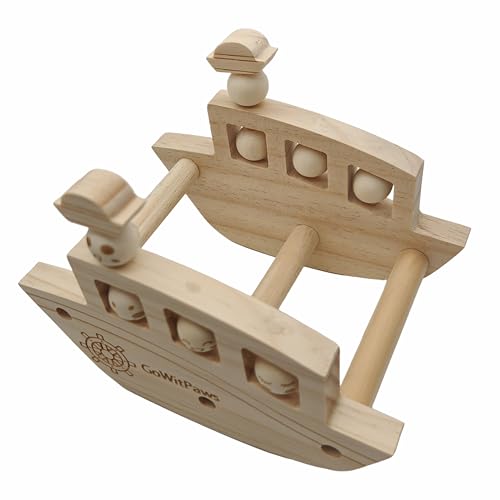 Natural Wooden Rocking Boat Perch Stand with Rotating Beads, Small & Medium Bird Playground Toy for Parakeets, Conure, Cockatiel, 7x5.5x5.3 Inch